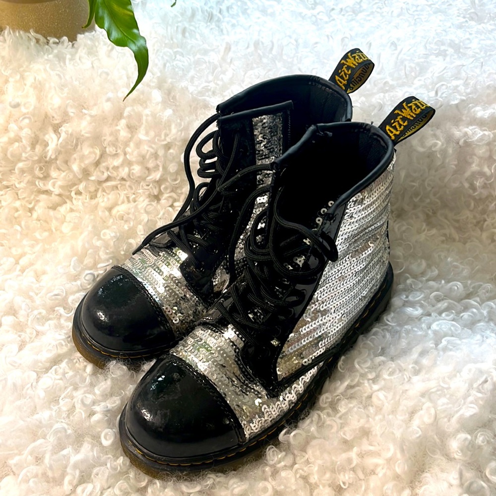 Dr. Martens sequin combat boots in silver and black patent leather